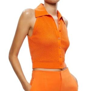 Alice + Olivia Miles Pointelle Knit Collared Wool Blend Tank Orange XS